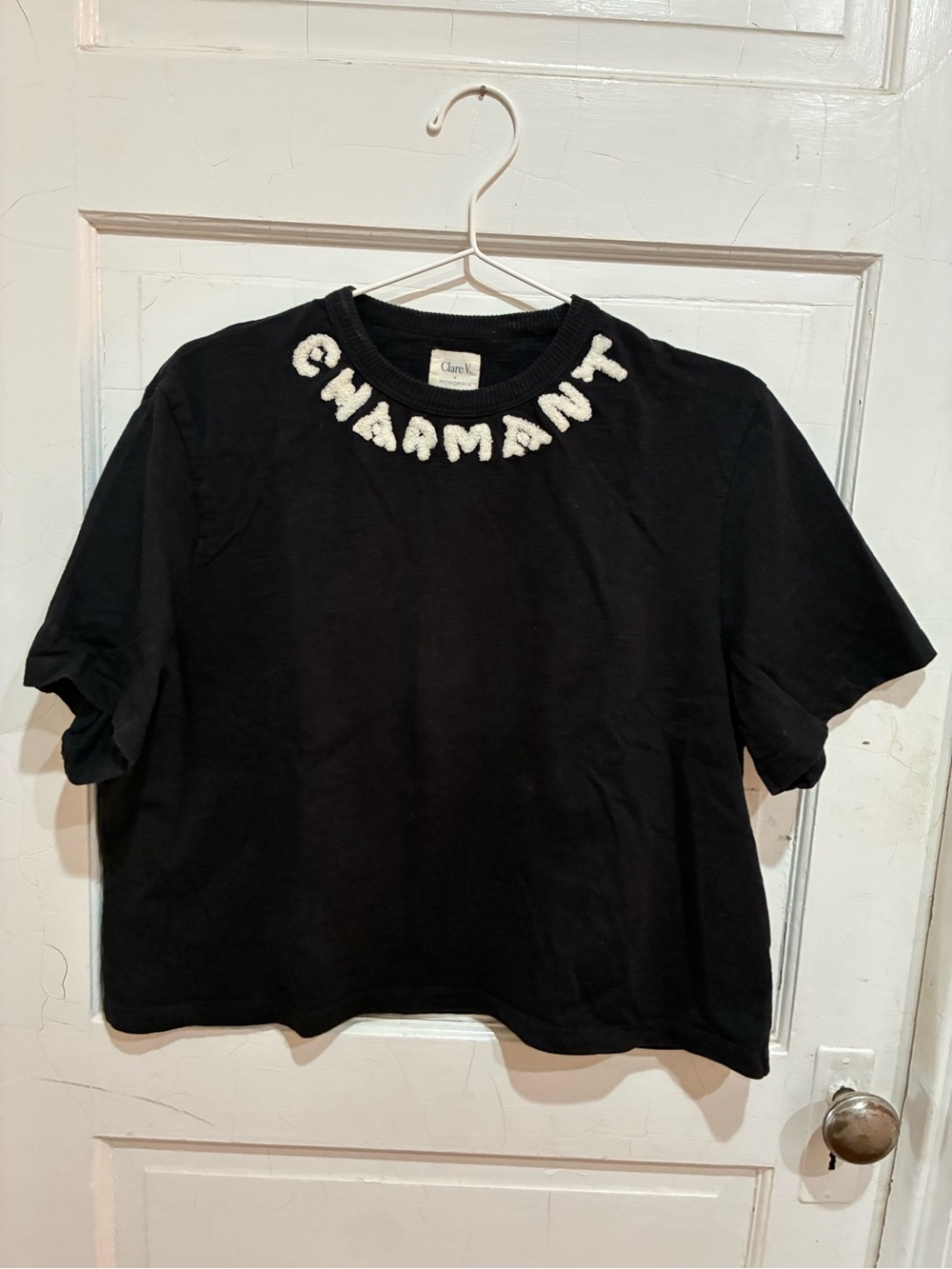 Clare V Black Short-Sleeve Top with Cream lettering at neck.
